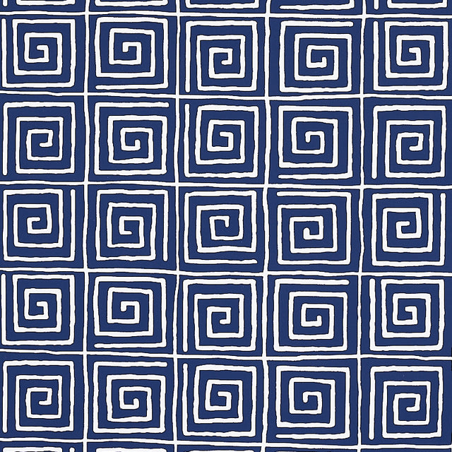 Trousdale Midnight Blue Greek key pattern wallpaper by Cristina Buckley for Schumacher, shown in a bathroom interior.
