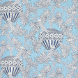 Santarem Sky wallpaper by Schumacher featuring blue and white tropical foliage, parrots, and decorative vases in a whimsical pattern.
