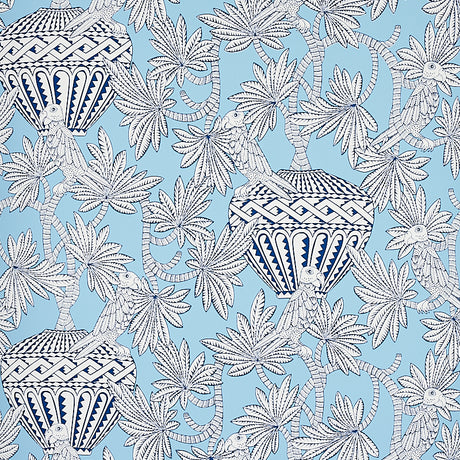 Santarem Sky wallpaper by Schumacher featuring blue and white tropical foliage, parrots, and decorative vases in a whimsical pattern.