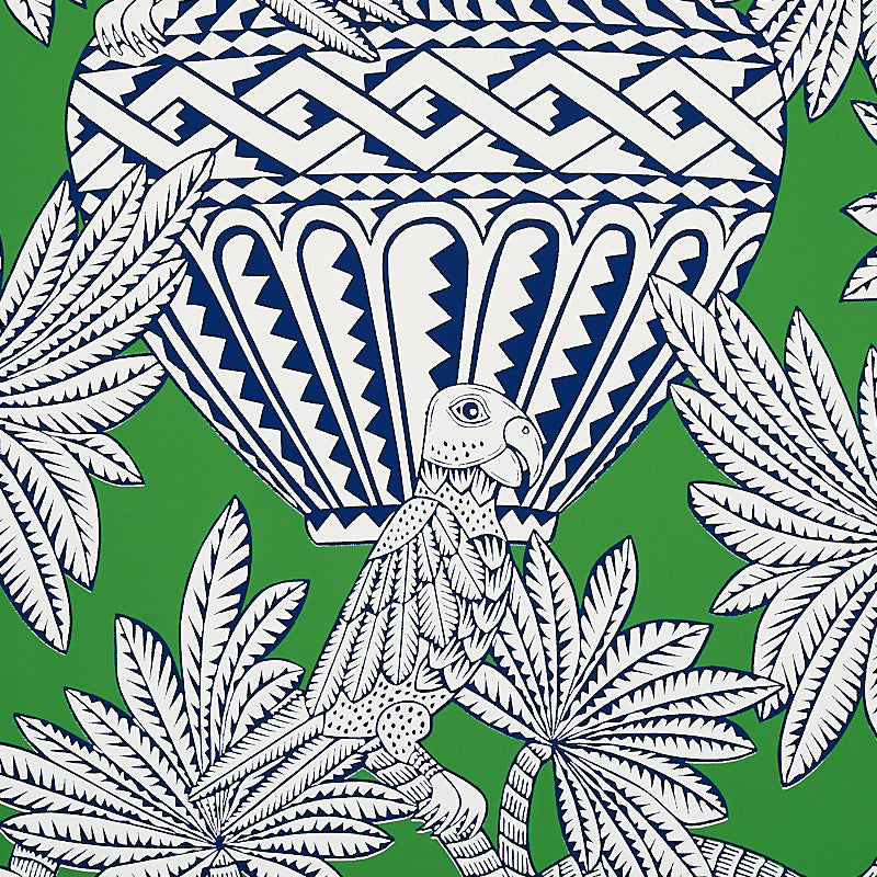 Santarem Green by Schumacher Tropical Palm and Parrot Wallpaper – Schumacher 5012821