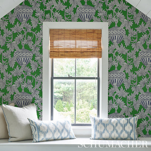 Santarem Green by Schumacher Tropical Palm and Parrot Wallpaper – Schumacher 5012821