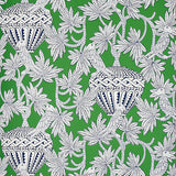 Santarem green wallpaper with white and navy blue tropical palm leaves, parrots, and decorative urns by Schumacher