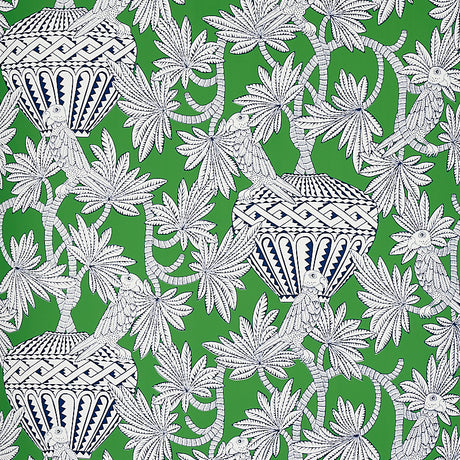 Santarem green wallpaper with white and navy blue tropical palm leaves, parrots, and decorative urns by Schumacher