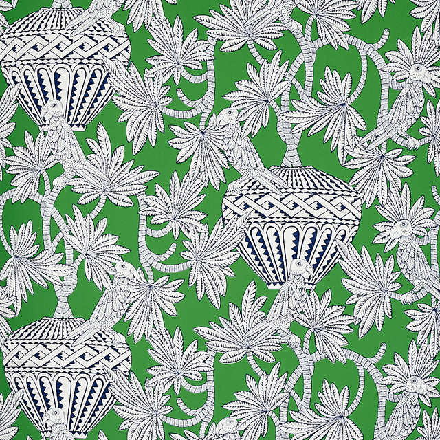 Santarem green wallpaper with white and navy blue tropical palm leaves, parrots, and decorative urns by Schumacher
