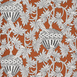 Santarem Chocolate by Schumacher. Exotic wallpaper with black and white parrots, palm leaves, and urns on a rich chocolate brown background.