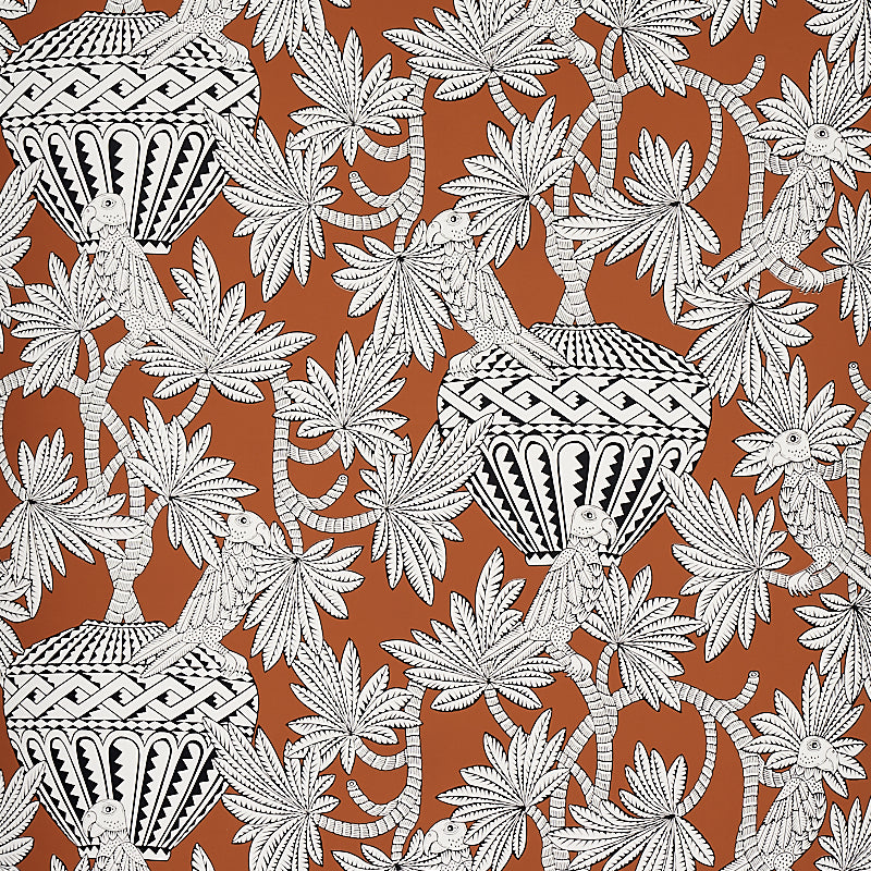 Santarem Chocolate by Schumacher. Exotic wallpaper with black and white parrots, palm leaves, and urns on a rich chocolate brown background.