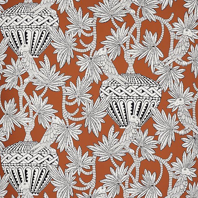 Santarem Chocolate by Schumacher. Exotic wallpaper with black and white parrots, palm leaves, and urns on a rich chocolate brown background.