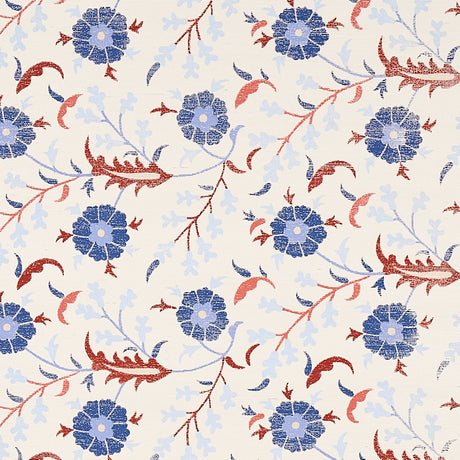 Floralia Sisal parchment-colored scrolling botanical wallpaper with blue and red stylized flowers and leaves on a textured background.