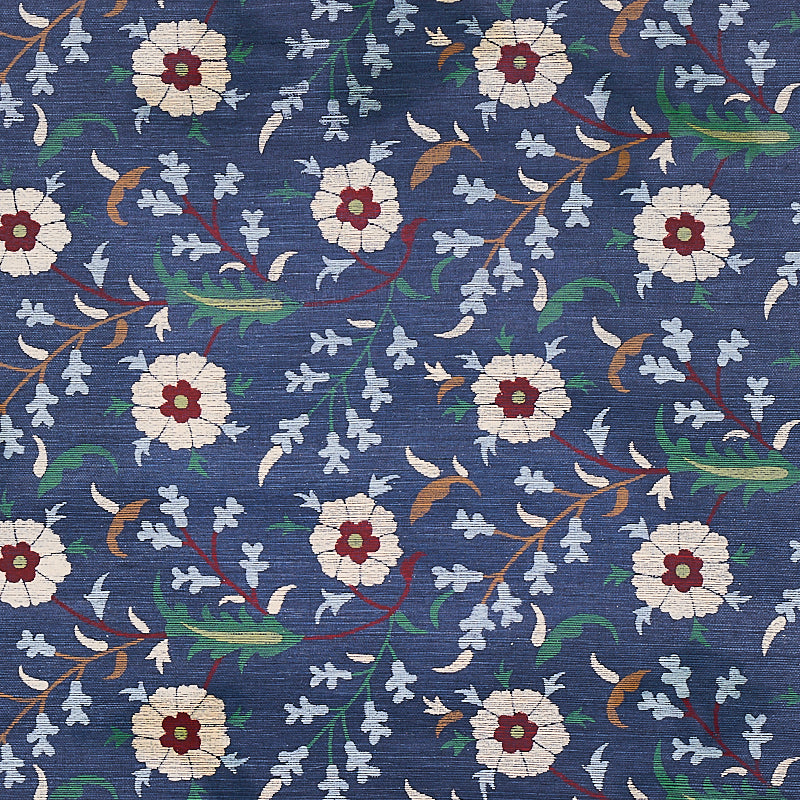 Floralia Sisal Indigo wallpaper by Schumacher, a scrolling botanical floral design on a textured sisal ground.