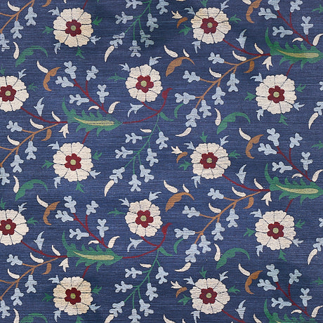 Floralia Sisal Indigo wallpaper by Schumacher, a scrolling botanical floral design on a textured sisal ground.