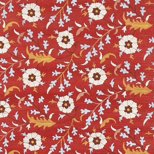 Floralia Sisal wallpaper in Garnet by Schumacher, a scrolling botanical floral design on a textured sisal ground, shown in a styled interior and close-up views.