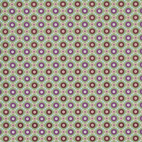 Larissa wallpaper in Jade by Schumacher features an intricate lattice design with folkloric flowers in green, purple, and brown tones.