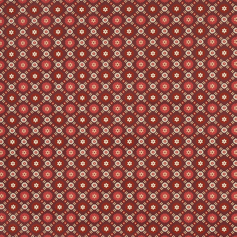 Larissa wallpaper in burgundy with intricate lattice and folkloric floral design, styled in a traditional interior setting.