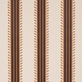 Etruscan Stripe brown wallpaper with multicolored, multiwidth bands and textural details, shown in a styled interior and close-up views.
