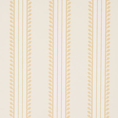 Etruscan Stripe wallpaper in ivory and ochre by Schumacher, featuring multicolored, multiwidth bands and textural details in a classic stripe pattern.
