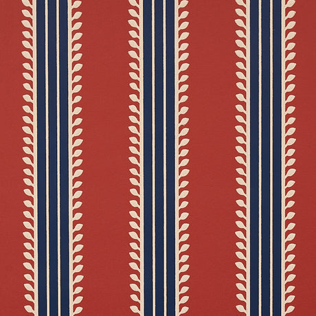 Etruscan Stripe wallpaper in red and blue with multicolored, multiwidth bands and textural details, styled in a classic interior setting.