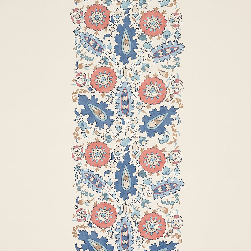 Anatolia blue and red wallpaper with stylized leaves and flowers in a suzani-inspired motif, part of the Cabana collection by Schumacher.