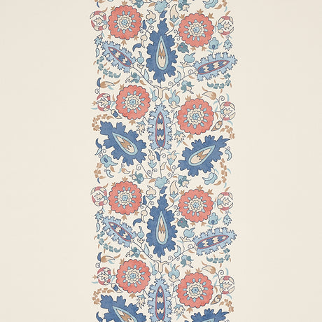 Anatolia blue and red wallpaper with stylized leaves and flowers in a suzani-inspired motif, part of the Cabana collection by Schumacher.