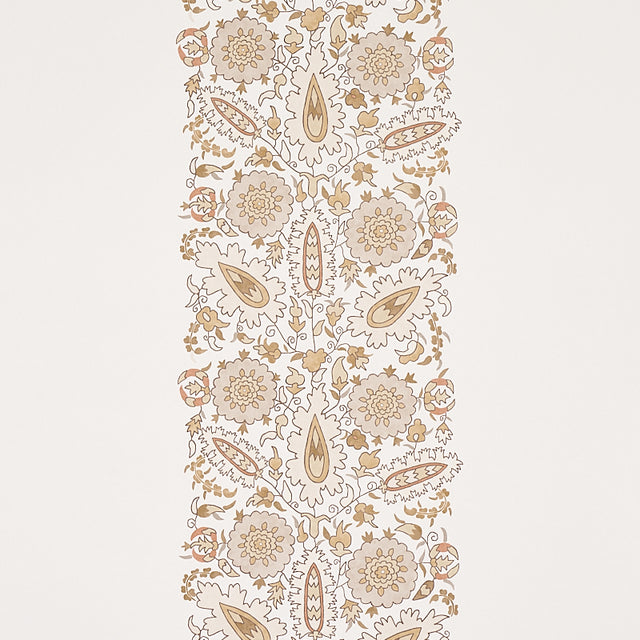 Anatolia wallpaper in natural colorway featuring an elegant, asymmetrical arrangement of stylized leaves and flowers inspired by traditional suzani motifs. Part of the Cabana collection by Schumacher.