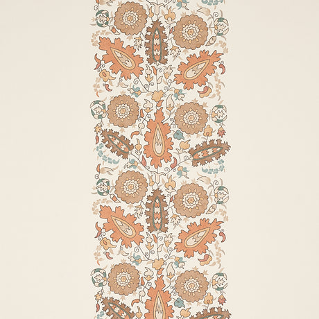 Anatolia Autumn wallpaper by Schumacher features a stylized suzani-inspired floral and leaf pattern in warm autumnal tones, part of the Cabana collection.