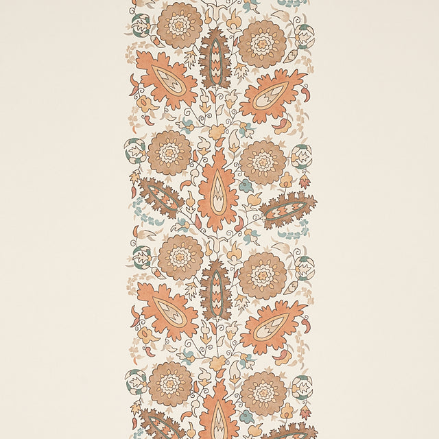 Anatolia Autumn wallpaper by Schumacher features a stylized suzani-inspired floral and leaf pattern in warm autumnal tones, part of the Cabana collection.