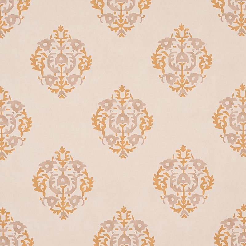 Constantine wallpaper in natural and ocher by Schumacher, featuring a stylized stripe pattern inspired by antique embroidery with subtle irregularities and mottled tones.