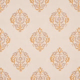 Constantine wallpaper in natural and ocher by Schumacher, featuring a stylized stripe pattern inspired by antique embroidery with subtle irregularities and mottled tones.