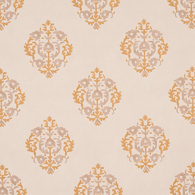 Constantine wallpaper in natural and ocher by Schumacher, featuring a stylized stripe pattern inspired by antique embroidery with subtle irregularities and mottled tones.