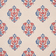 Constantine wallpaper in red and blue by Schumacher, featuring a stylized block print inspired pattern from the Cabana collection.