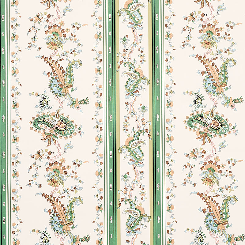 Elena Paisley Stripe green wallpaper with intricate paisley and stripe pattern from Schumacher's Cabana collection, shown in a styled interior setting.