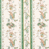 Elena Paisley Stripe green wallpaper with intricate paisley and stripe pattern from Schumacher's Cabana collection, shown in a styled interior setting.