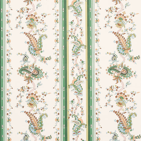 Elena Paisley Stripe green wallpaper with intricate paisley and stripe pattern from Schumacher's Cabana collection, shown in a styled interior setting.