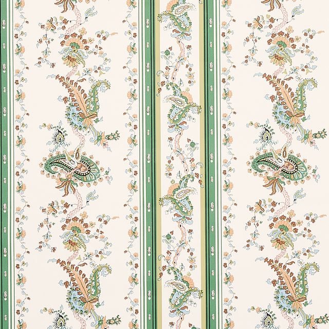 Elena Paisley Stripe green wallpaper with intricate paisley and stripe pattern from Schumacher's Cabana collection, shown in a styled interior setting.