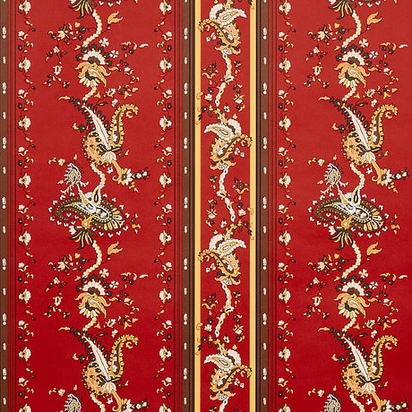 Elena Paisley Stripe wallpaper in Pompeii by Schumacher, featuring a detailed gravure-printed paisley stripe in red and gold tones.