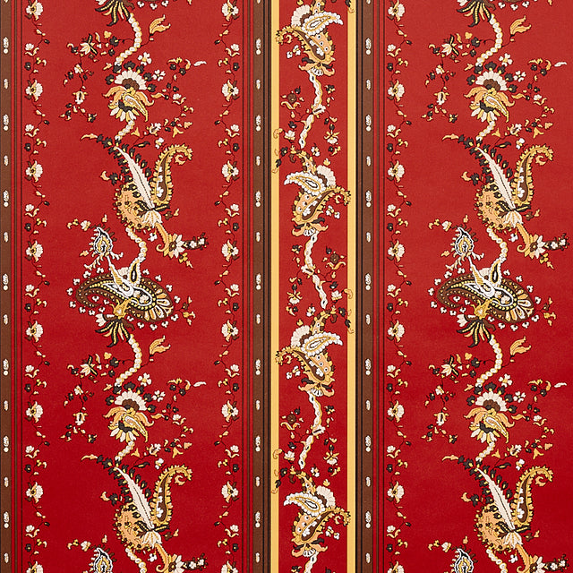 Elena Paisley Stripe wallpaper in Pompeii by Schumacher, featuring a detailed gravure-printed paisley stripe in red and gold tones.