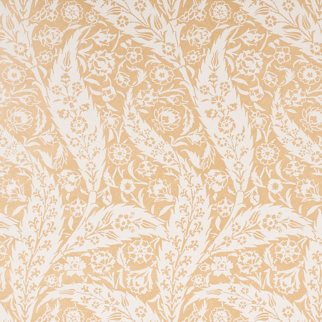 Saz Paisley wallpaper in ochre by Schumacher, large-scale two-tone paisley pattern, styled in a living room setting.