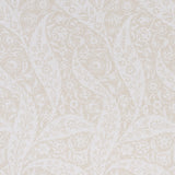 Saz Paisley Ivory wallpaper by Schumacher, large-scale two-tone paisley pattern, Cabana collection, shown in styled and detail views.