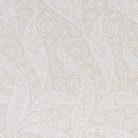 Saz Paisley Ivory wallpaper by Schumacher, large-scale two-tone paisley pattern, Cabana collection, shown in styled and detail views.
