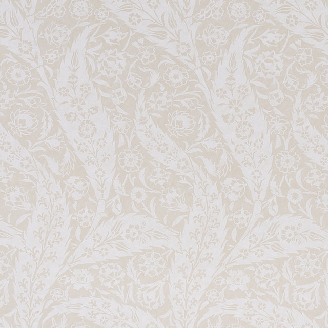 Saz Paisley Ivory wallpaper by Schumacher, large-scale two-tone paisley pattern, Cabana collection, shown in styled and detail views.
