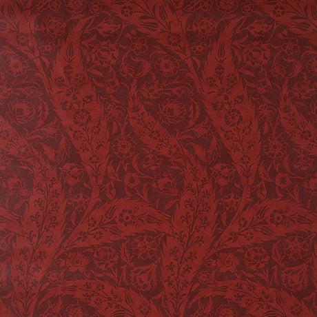 Saz Paisley wallpaper in burgundy by Schumacher, large-scale two-tone paisley pattern, Cabana collection, styled in interior setting.