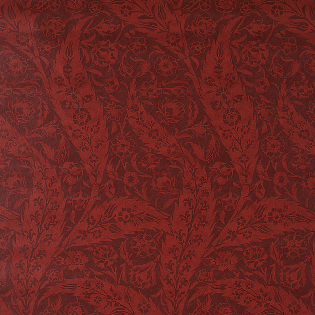 Saz Paisley wallpaper in burgundy by Schumacher, large-scale two-tone paisley pattern, Cabana collection, styled in interior setting.