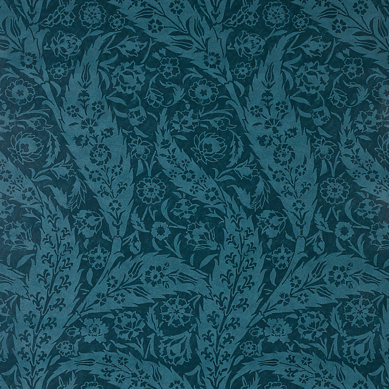 Saz Paisley Peacock wallpaper by Schumacher, large-scale two-tone paisley pattern, Cabana collection