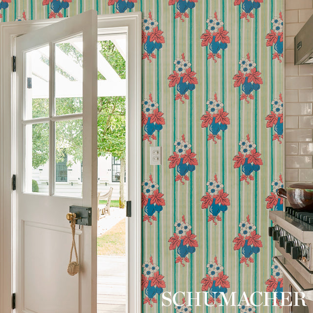 Turnip Mint by Schumacher Cabana Collection Vintage Floral Stripe Wallpaper – Schumacher 5012910