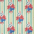 Turnip Mint by Schumacher - Cabana Collection vintage floral and stripe wallpaper in mint, blue, red, and cream.