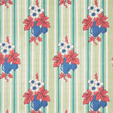 Turnip Mint by Schumacher - Cabana Collection vintage floral and stripe wallpaper in mint, blue, red, and cream.