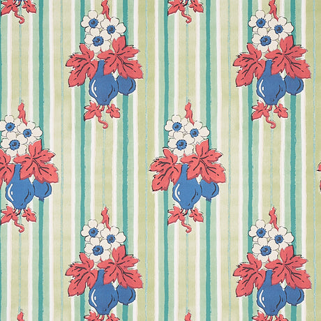 Turnip Mint by Schumacher - Cabana Collection vintage floral and stripe wallpaper in mint, blue, red, and cream.