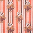 Turnip Carnation wallpaper by Schumacher, featuring flowering turnips and stripes in pink and brown tones, styled in a kitchen interior.