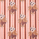 Turnip Carnation wallpaper by Schumacher, featuring flowering turnips and stripes in pink and brown tones, styled in a kitchen interior.