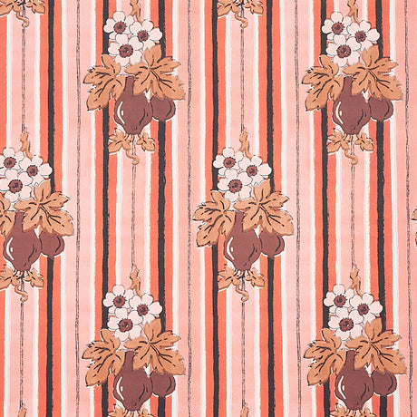 Turnip Carnation wallpaper by Schumacher, featuring flowering turnips and stripes in pink and brown tones, styled in a kitchen interior.