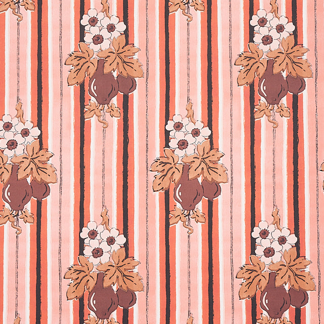 Turnip Carnation wallpaper by Schumacher, featuring flowering turnips and stripes in pink and brown tones, styled in a kitchen interior.